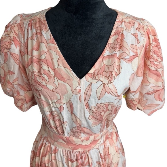 CeCe Linen Blend Puff Sleeve Floral Maxi Dress Peach Pink Garden Print S - Picture 3 of 12